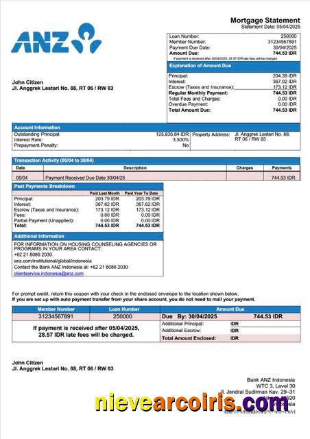 Indonesia Bank ANZ Indonesia mortgage statement Word and PDF template